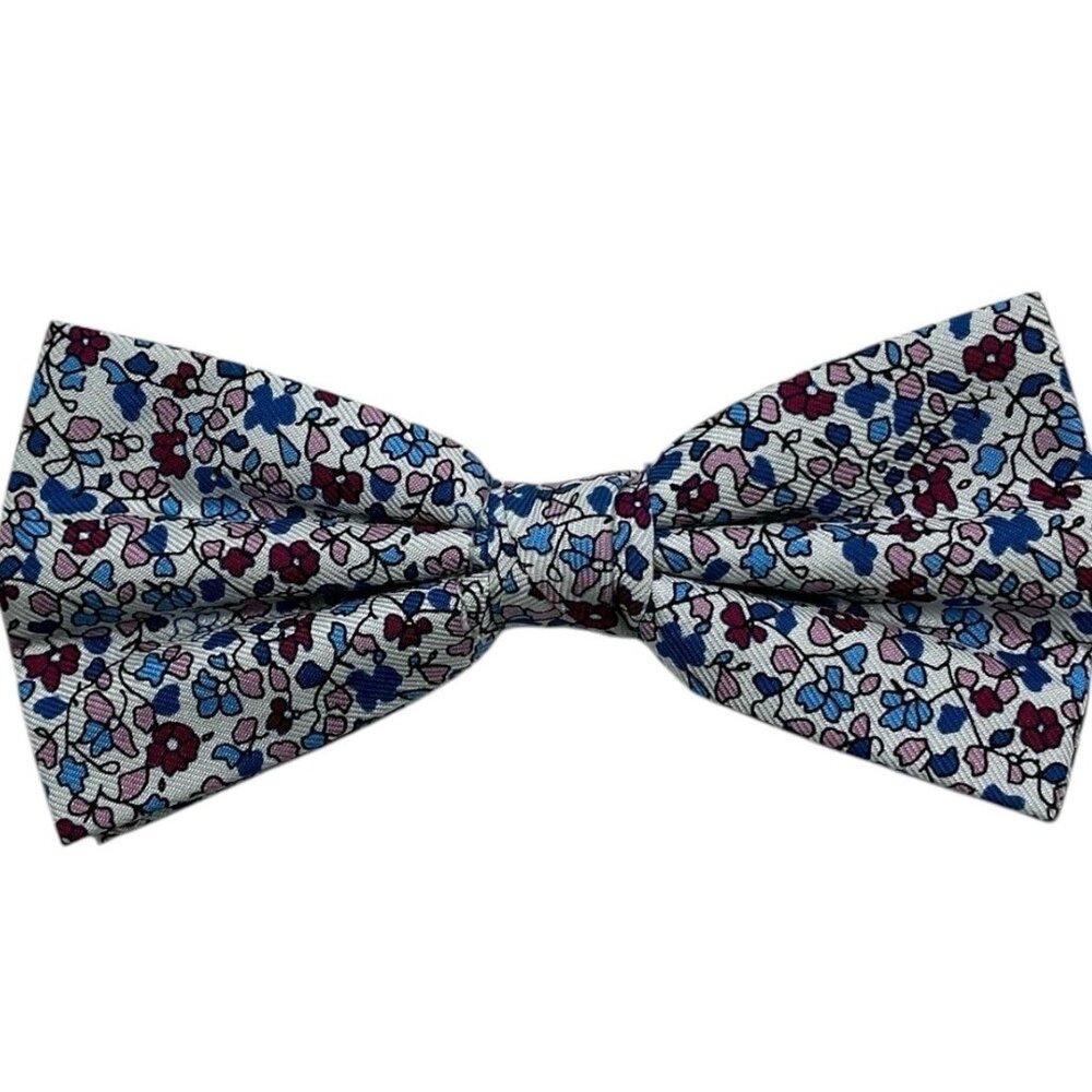 TIE RACK Men's 100% Silk LUXURY Bow Tie Ivory Blue Burgundy Floral W:2.1" EUC